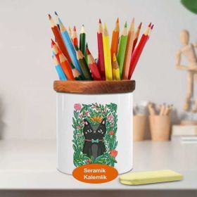Asilmeydan 449815246 Siyah Tüylü Papyonlu Kedicik Ahşap Seramik Kalemlik