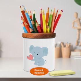 Asilmeydan 449828815 Pembe Kalpli Sevimli Yavru Fil Ahşap Seramik Kalemlik