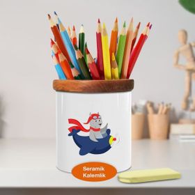 Asilmeydan 449829059 Uçak Kullanan Pilot Ayıcık Ahşap Seramik Kalemlik