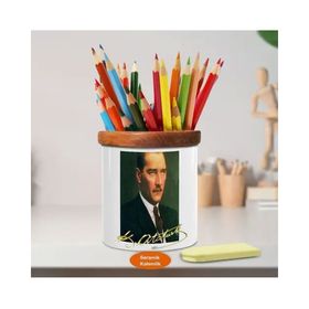 Asilmeydan 451481219 Takım Elbiseli Mustafa Kemal Atatürk Ahşap Seramik Kalemlik