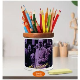 Asilmeydan 451699659 Takım Elbiseli Mustafa Kemal Atatürk Ahşap Seramik Kalemlik