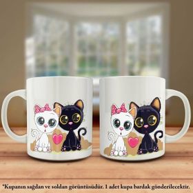 Asilmeydan Çift Yön Renkli Baskılı Sevimli İki Kedi Kalp Karikatür Kupa Bardak