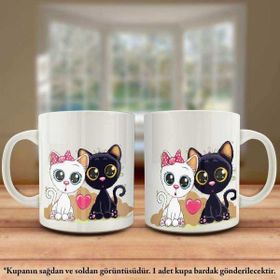 Asilmeydan Çift Yön Renkli Baskılı Sevimli İki Kedi Kalp Karikatür Kupa Bardak