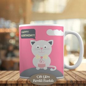 Asilmeydan Happy Birthday Yazılı Sevimli Kedi Kupa Bardak