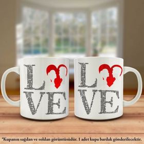 Asilmeydan Love Yazılı Sevgililere Özel Kırmızı Kalp Silüet Sevgi Kupa Bardak