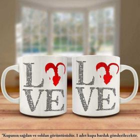 Asilmeydan Love Yazılı Sevgililere Özel Kırmızı Kalp Silüet Sevgi Kupa Bardak