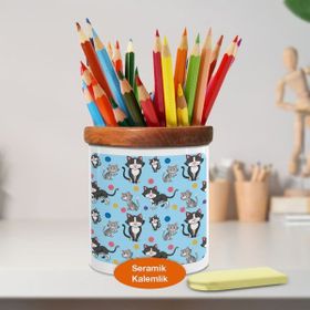 Asilmeydan Mutlu Kedi Desenleri Ahşap Seramik Kalemlik