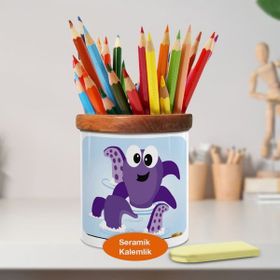 Asilmeydan Neşeli Mor Ahtapot Ahşaplı Seramik Kalemlik