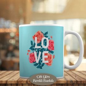 Asilmeydan Pembe Güzel Çiçekler ve Love Yazılı Kupa