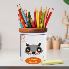 Asilmeydan Raccoon Rakun Yazılı Ahşap Seramik Kalemlik