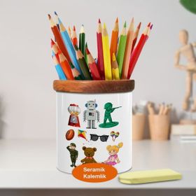 Asilmeydan Renkli Çocuk Oyuncakları Desenli Ahşaplı Seramik Kalemlik