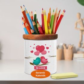Asilmeydan Romantik Çift Renkli Kuşlar Ahşap Seramik Kalemlik