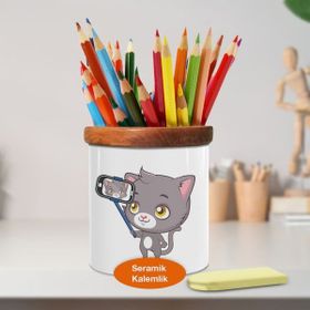 Asilmeydan Selfie Çeken Kedi Ahşap Seramik Kalemlik