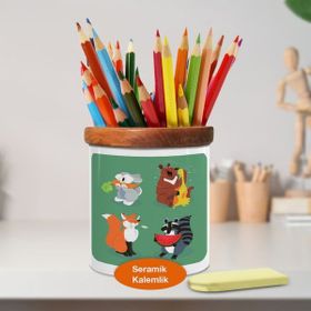 Asilmeydan Sevimli Hayvan Desenleri Ahşap Seramik Kalemlik