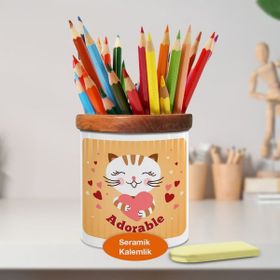 Asilmeydan Sevimli Kalpli Kedi Ahşap Seramik Kalemlik