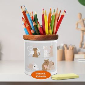 Asilmeydan Sevimli Kedi Çifti Ahşap Seramik Kalemlik