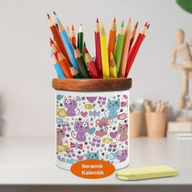 Asilmeydan Sevimli Renkli Kedi Desenleri Ahşap Seramik Kalemlik