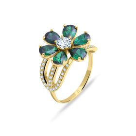 Aslı Gold YZK0547 Kadın Sarı Yeşil Taşlı Altın Nergis Çiçeği Yüzük