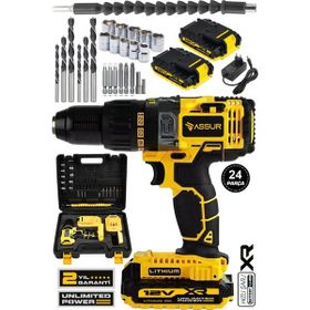 Assur 12V 1.5Ah Metal Şanzıman Çift Akülü Şarjlı 24 Parça Akülü Vidalama Darbeli Matkap
