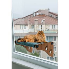 Ata Home Gri Ahşap Cama Yapışan Kedi Yatağı Vantuzlu Cam Yatağı Terası