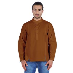 Atasi Henley Uzun Kol Mandarin Yaka Kısa Kurta Kahverengi Erkek Günlük Gömlek