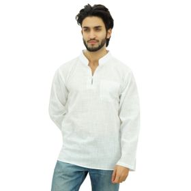 Atasi Kurta Bant Yaka Kısa Pamuklu Beyaz Erkek Gömlek