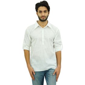 Atasi Kurta Etnik Hint Kıvrılan Yaka Beyaz Erkek Gömlek