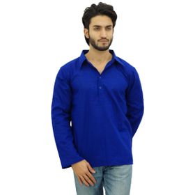 Atasi Kurta Etnik Hint Kıvrılan Yaka Mavi Royal Blau Erkek Gömlek
