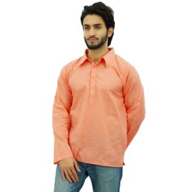 Atasi Kurta Etnik Hint Kıvrılan Yaka Şeftali Erkek Gömlek