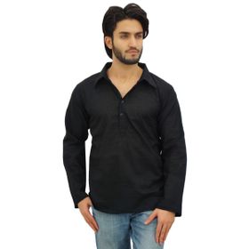 Atasi Kurta Etnik Hint Kıvrılan Yaka Siyah Erkek Gömlek