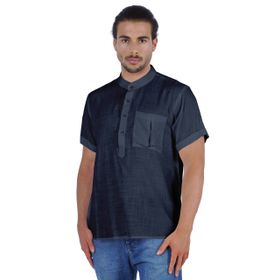 Atasi Kurta Henley Mandarin Yaka Kısa Kollu Cepli Lacivert Erkek T-shirt
