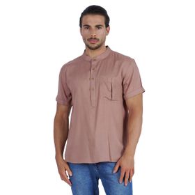 Atasi Kurta Henley Mandarin Yaka Kısa Kollu Cepli Pembe Erkek T-shirt