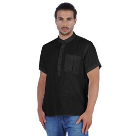 Atasi Kurta Henley Mandarin Yaka Kısa Kollu Cepli Siyah Erkek T-shirt