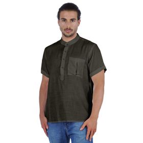 Atasi Kurta Henley Mandarin Yaka Kısa Kollu Cepli Zeytin Yeşili Erkek T-shirt