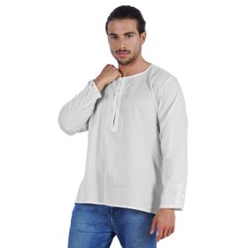 Atasi Kurta Hint Uzun Kollu Düz Yuvarlak Yaka Beyaz Erkek T-shirt
