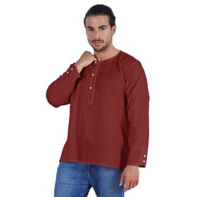 Atasi Kurta Hint Uzun Kollu Düz Yuvarlak Yaka Bordo Erkek T-shirt