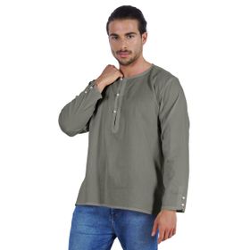 Atasi Kurta Hint Uzun Kollu Düz Yuvarlak Yaka Gri Erkek T-shirt