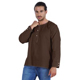 Atasi Kurta Hint Uzun Kollu Düz Yuvarlak Yaka Kahverengi Erkek T-shirt