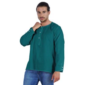Atasi Kurta Hint Uzun Kollu Düz Yuvarlak Yaka Koyu Cam Göbeği Yeşili Erkek T-shirt