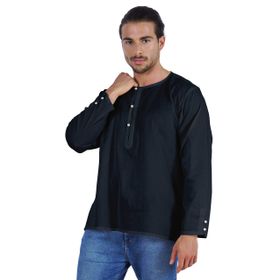Atasi Kurta Hint Uzun Kollu Düz Yuvarlak Yaka Koyu Lacivert Erkek T-shirt