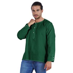 Atasi Kurta Hint Uzun Kollu Düz Yuvarlak Yaka Koyu Yeşil Erkek T-shirt