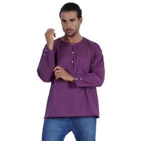 Atasi Kurta Hint Uzun Kollu Düz Yuvarlak Yaka Şarap Erkek T-shirt