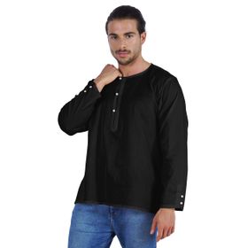 Atasi Kurta Hint Uzun Kollu Düz Yuvarlak Yaka Siyah Erkek T-shirt