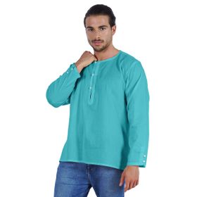 Atasi Kurta Hint Uzun Kollu Düz Yuvarlak Yaka Turkuaz Mavi Erkek T-shirt