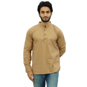 Atasi Kurta Mandarin Yaka Pamuklu Açık Kahverengi Erkek Gömlek