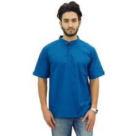 Atasi Kurta Mandarin Yaka Pamuklu Cam Göbeği Mavisi Erkek Gömlek