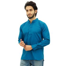 Atasi Kurta Mandarin Yaka Pamuklu Cam Göbeği Mavisi Erkek Gömlek