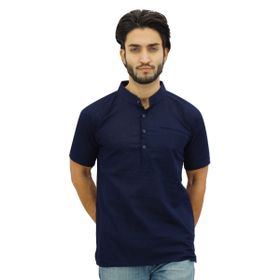 Atasi Kurta Mandarin Yaka Pamuklu Düğümlü Lacivert Erkek Gömlek