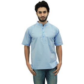 Atasi Kurta Mandarin Yaka Pamuklu Gök Mavisi Erkek Gömlek