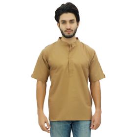 Atasi Kurta Mandarin Yaka Pamuklu Kumlu Kahverengi Erkek Gömlek